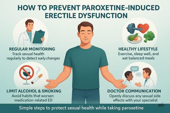 “Infographic showing four prevention tips for paroxetine-related erectile dysfunction: regular monitoring, healthy lifestyle, limiting alcohol and smoking, and talking to a doctor.”