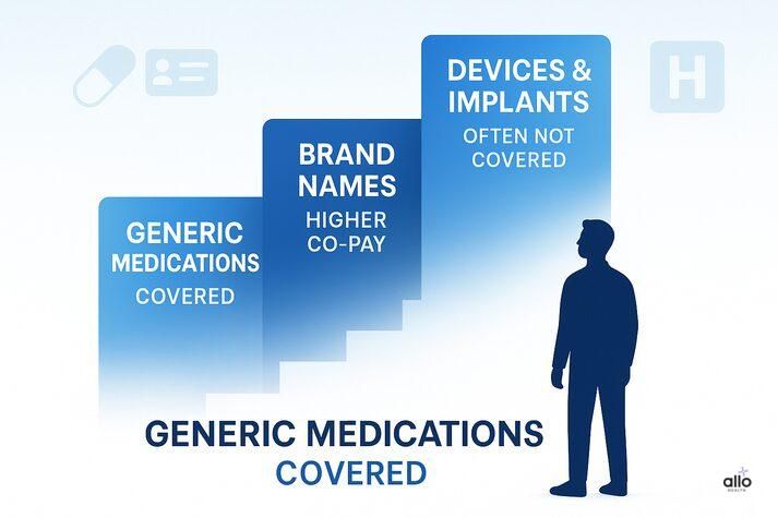  metaphorical ladder showing insurance coverage tiers for erectile dysfunction treatments from generics to advanced therapies.