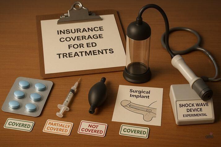 A doctor’s desk showing various ED treatment options with coverage labels for insurance clarity.