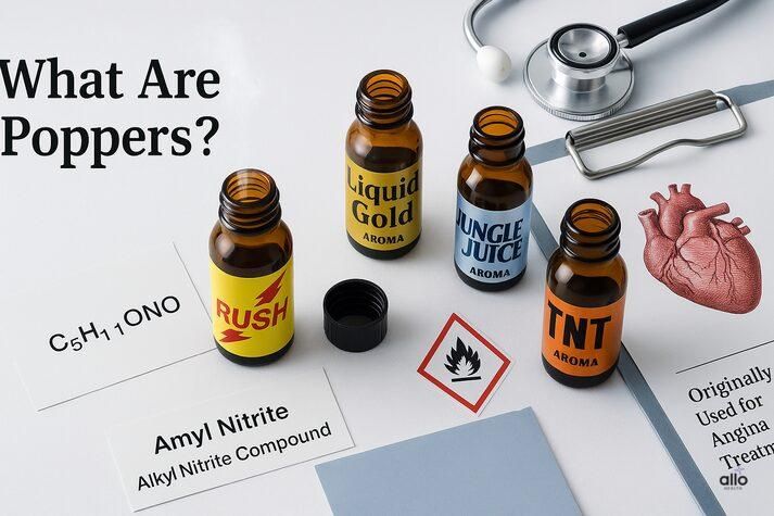 A realistic image of small popper bottles labeled Rush, Liquid Gold, and Jungle Juice on a clean surface with a chemical warning symbol, illustrating alkyl nitrite inhalants and their medical origins.