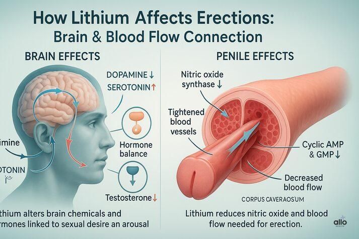 Medical infographic showing how lithium affects erections. The left side illustrates brain effects—lower dopamine, higher serotonin, and hormone imbalance lowering testosterone—while the right side shows penile effects with reduced nitric oxide, tightened blood vessels, and decreased cyclic AMP and GMP, leading to reduced blood flow and erectile dysfunction.