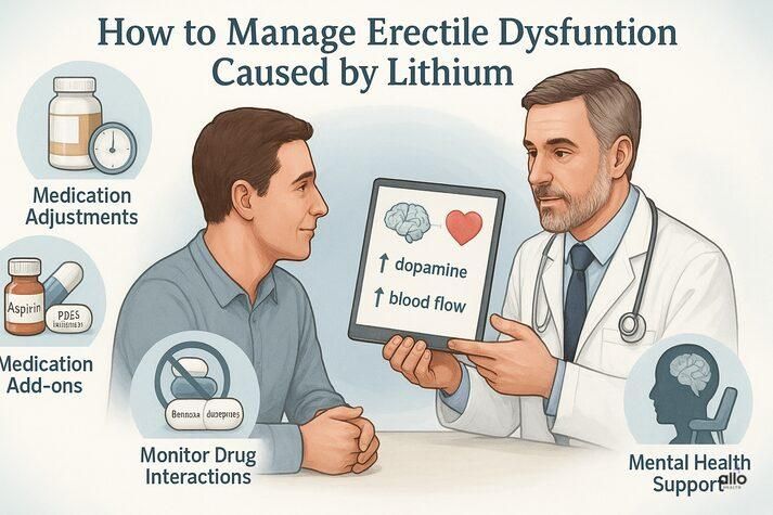 “Medical illustration of a doctor explaining to a male patient how to manage lithium-related erectile dysfunction through medication adjustments, add-ons like aspirin or PDE5 inhibitors, monitoring drug interactions, and mental health support.”