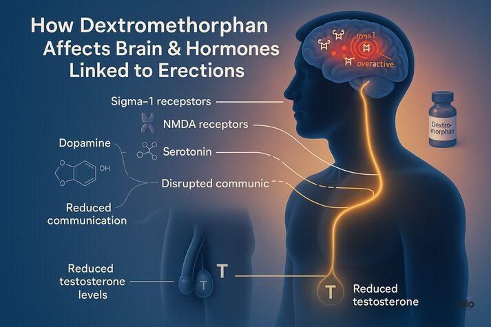 Diagram showing how dextromethorphan affects the brain’s sigma-1 and NMDA receptors, disrupting serotonin, dopamine, and testosterone pathways linked to erections.