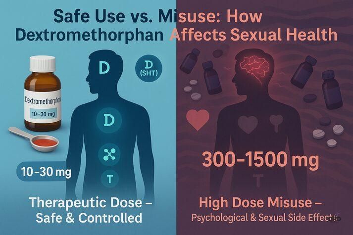 Infographic comparing safe versus high-dose misuse of dextromethorphan, showing how therapeutic doses are safe while high doses can cause psychological and sexual side effects.