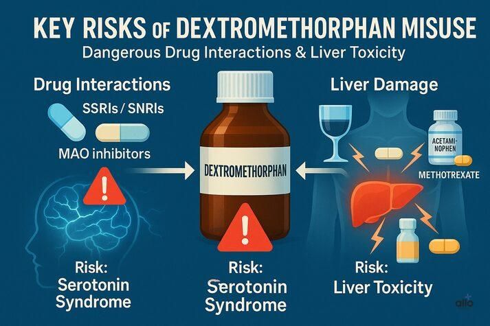 Illustration showing drug interactions and liver toxicity risks of dextromethorphan misuse, highlighting serotonin syndrome and liver damage.