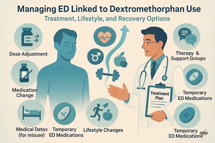 Doctor explaining treatment options for erectile dysfunction linked to dextromethorphan misuse, including lifestyle changes, medical detox, and ED medications.