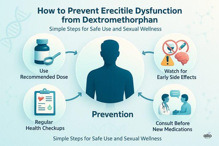 Medical infographic showing prevention tips for erectile dysfunction caused by dextromethorphan, including safe dosing, checkups, and avoiding drug interactions.