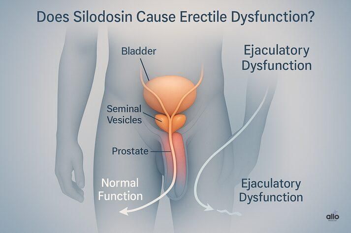 “Medical diagram of male pelvic anatomy showing prostate, bladder, and seminal vesicles, illustrating that Silodosin mainly causes ejaculatory dysfunction, not erectile dysfunction.”