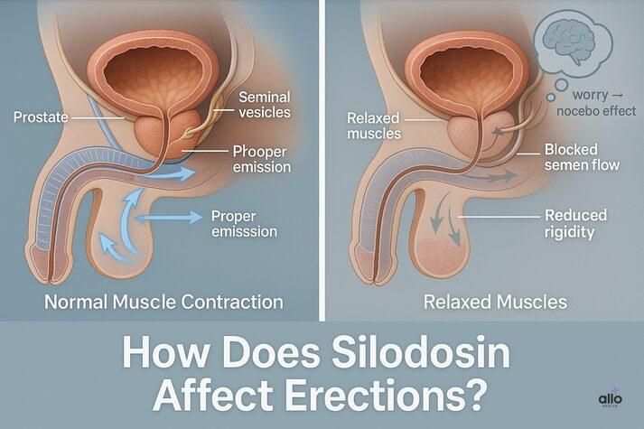 “3D anatomical diagram comparing normal muscle contraction and relaxed muscles under Silodosin, showing blocked semen flow, reduced rigidity, and nocebo effect on erections.”