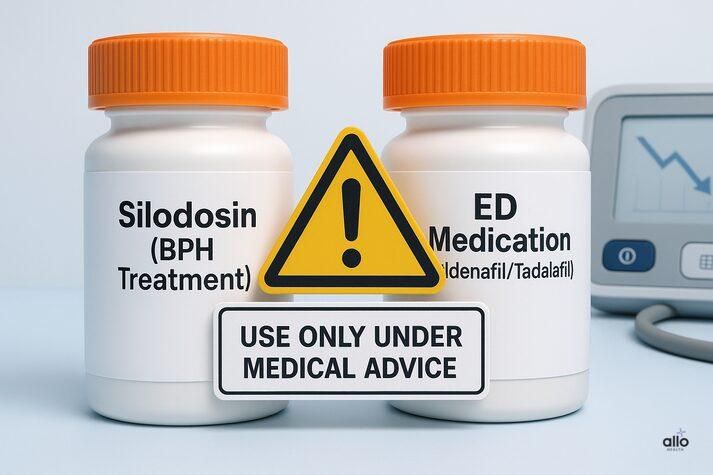 “Medical image showing Silodosin and erectile dysfunction medication bottles side by side with a caution sign reading ‘Use only under medical advice,’ warning about blood pressure risks.”