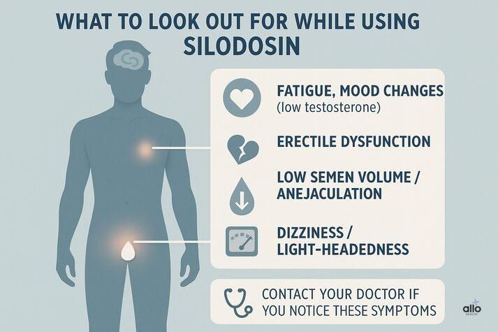 “Infographic showing symptoms to watch for while taking Silodosin, including fatigue, mood changes, erectile dysfunction, low semen volume, and dizziness.”
