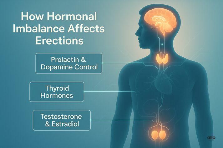 “Medical illustration of the male endocrine system showing brain, thyroid, and testes labeled with prolactin, dopamine, thyroid hormones, testosterone, and estradiol — explaining how hormonal imbalance affects erections.”