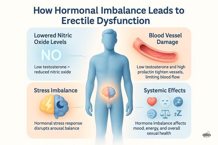 “Infographic showing four causes of erectile dysfunction from hormonal imbalance — lowered nitric oxide, blood vessel damage, stress imbalance, and systemic effects on mood, heart, and energy.”