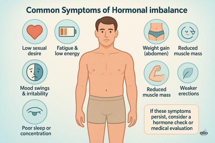 “Infographic of a male figure surrounded by icons for low sexual desire, fatigue, mood swings, weight gain, reduced muscle mass, weaker erections, and poor sleep — symptoms of hormonal imbalance.”