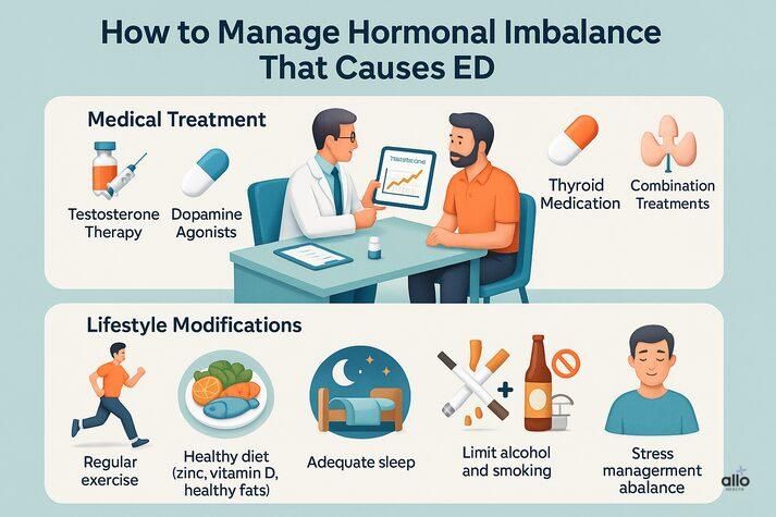 “Infographic divided into medical and lifestyle treatments for hormonal erectile dysfunction — testosterone therapy, thyroid medication, exercise, diet, sleep, and stress management.”