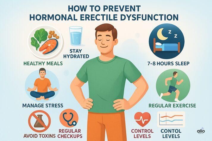 “Infographic showing prevention tips for hormonal erectile dysfunction — healthy meals, hydration, good sleep, exercise, stress management, avoiding toxins, and regular health checkups.”