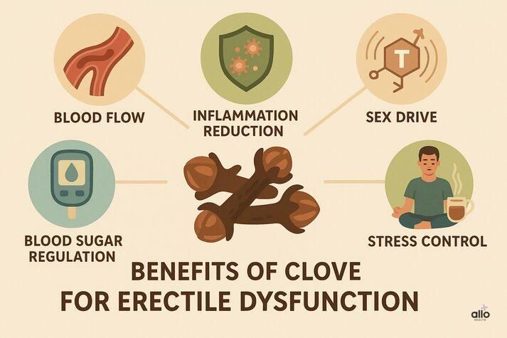 “Infographic showing key benefits of clove for erectile dysfunction, including better blood flow, reduced inflammation, improved libido, balanced blood sugar, and lower stress.”