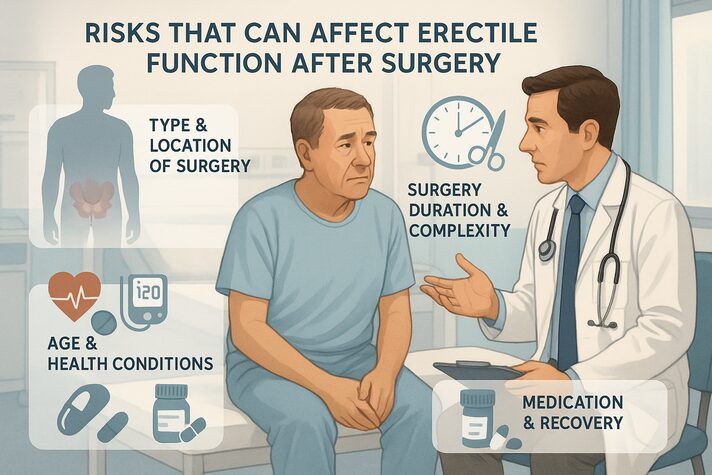 “Illustration of a doctor talking to a patient in a clinic, explaining risks that can affect erectile function after surgery. Surrounding icons highlight factors such as type and location of surgery, surgery duration and complexity, age and health conditions, and medication and recovery.”