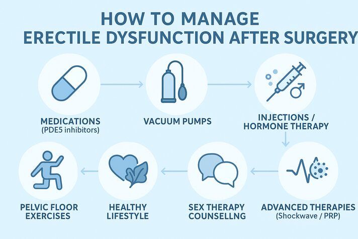 Realistic infographic showing how to manage erectile dysfunction after surgery, featuring treatment options like medications, vacuum devices, injections, hormone therapy, pelvic floor exercises, lifestyle changes, counseling, and advanced therapies such as shockwave or PRP.”