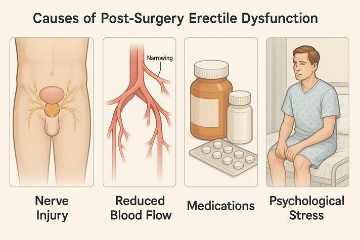 “Realistic medical infographic showing a male body outline with highlighted pelvic nerves, narrowed blood vessels to the penis, common medications, and a man sitting worried on a hospital bed, illustrating how surgery can affect erectile function through nerve injury, reduced blood flow, medication side effects, and psychological stress.”