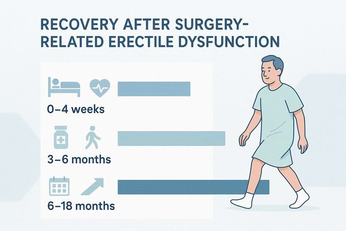 “Infographic showing recovery timeline after surgery-related erectile dysfunction. Bar chart displays three phases: 0–4 weeks focused on rest and healing, 3–6 months with gradual improvement, and 6–18 months reflecting ongoing nerve recovery. A man in a hospital gown is shown walking, representing progress over time.”