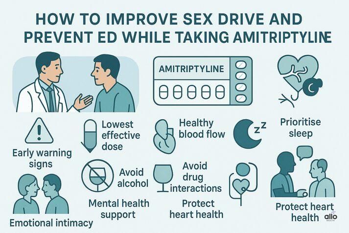 Infographic showing ways to improve sex drive while taking amitriptyline, including early warning signs, lowest effective dose, healthy blood flow, prioritising sleep, emotional intimacy, avoiding alcohol and drug interactions, mental health support, and heart health protection.