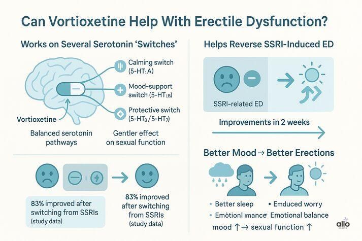 A medical infographic showing how vortioxetine may improve erectile dysfunction. Left side: A simple brain diagram with labeled serotonin “switches” (calming, mood-support, protective). Text notes that vortioxetine has a gentler effect on sexual function. Middle: A before-and-after panel showing a low mood icon transitioning to a brighter mood, with text stating improvements in SSRI-related ED within two weeks. Bottom: Icons representing better sleep, reduced worry, and emotional balance, with text explaining that improved mood supports healthier erections.