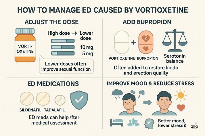 A four-part medical infographic explaining ways to manage ED caused by vortioxetine. Top-left: Dosage bars showing high dose decreasing to lower dose (10 mg, 5 mg) with a note that lower doses often improve sexual function. Top-right: Icons of vortioxetine and bupropion tablets with a balance scale, indicating these medications can be paired to restore libido and erection quality. Bottom-left: Icons of sildenafil and tadalafil tablets with a shield symbol, showing ED medications can help after medical assessment. Bottom-right: Illustration of a stressed person transitioning to a calmer state with icons for sleep, meditation, and improved mood, noting that lower stress supports better sexual function.