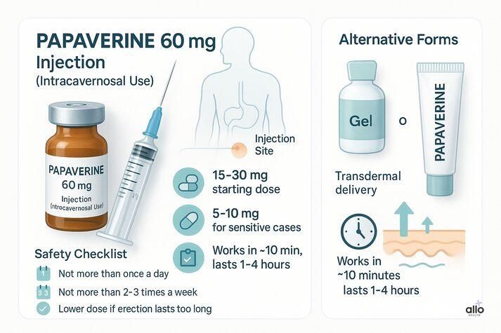 “Infographic showing papaverine 60 mg injection vial, injection site diagram, dosage guidelines, safety checklist, and alternative forms like topical and transdermal papaverine gels.”