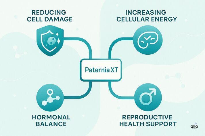 Infographic showing how Paternia XT works by reducing cell damage, increasing cellular energy, supporting hormonal balance, and improving reproductive health.