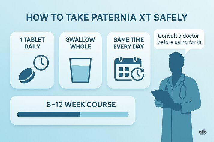 Step-by-step graphic explaining how to take Paternia XT Tablet safely: one tablet daily, swallow whole, same time every day, with an 8–12 week course and doctor guidance for ED.