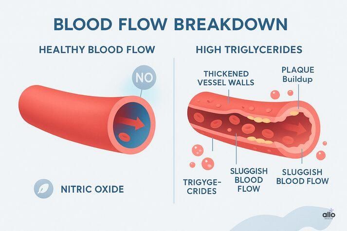 “Comparison infographic showing healthy blood flow versus high triglycerides, highlighting thickened vessel walls, plaque buildup, reduced nitric oxide and sluggish circulation that can lead to erectile dysfunction.”
