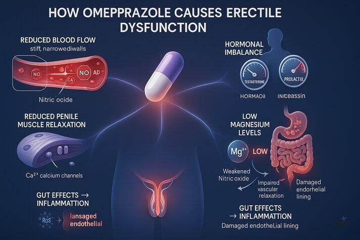 Detailed medical infographic showing how omeprazole can cause erectile dysfunction through reduced blood flow, impaired muscle relaxation, hormonal imbalance, magnesium deficiency, and gut-related inflammation.