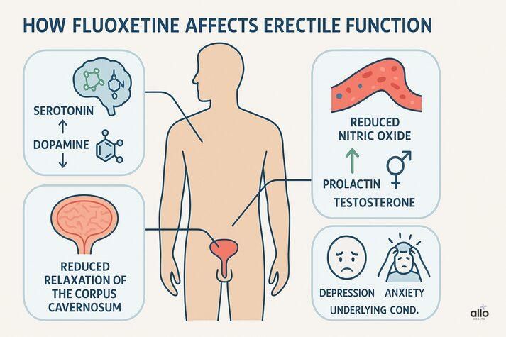 Infographic illustrating how fluoxetine affects erectile function, showing serotonin-dopamine changes, reduced nitric oxide, prolactin and testosterone effects, reduced relaxation of penile tissue, and underlying conditions like depression and anxiety.