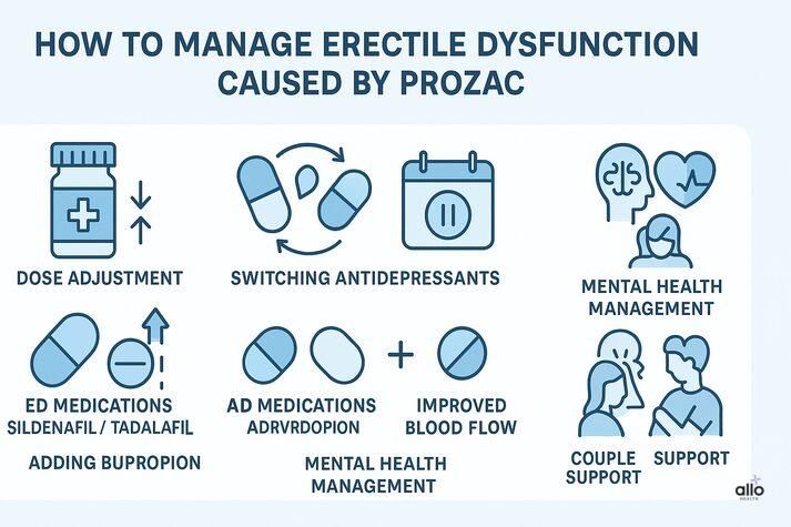 Infographic showing ways to manage erectile dysfunction caused by Prozac, including dose adjustment, switching antidepressants, ED medications, adding bupropion, and mental health support.