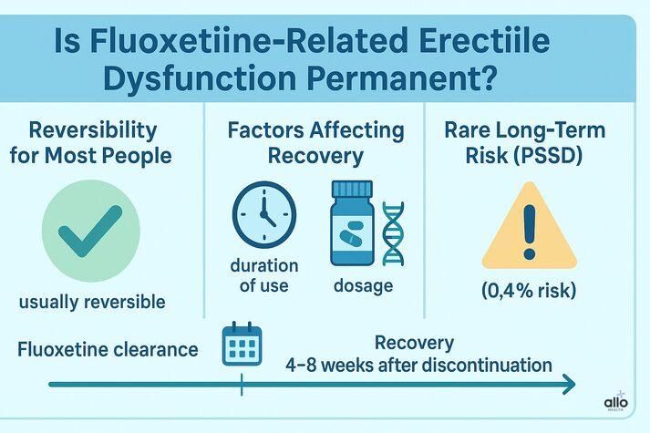 Infographic explaining whether fluoxetine-related erectile dysfunction is permanent, showing reversibility for most people, factors affecting recovery, rare PSSD risk, and recovery timeline.