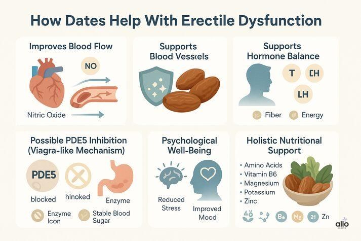 Infographic explaining how dates help with erectile dysfunction by improving blood flow, supporting blood vessels, hormone balance, metabolism, and overall sexual health.