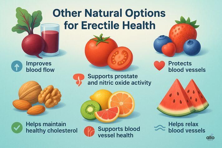 Infographic showing natural foods that support erectile health, including beetroot, tomatoes, berries, nuts, citrus fruits, and watermelon, each with simple callouts explaining their benefits for blood flow and sexual health.
