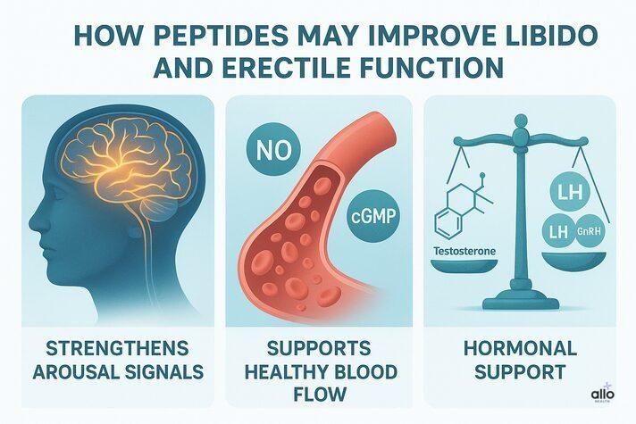 Infographic showing how peptides may improve libido and erectile function by strengthening brain arousal signals, supporting healthy blood flow, and helping regulate key hormones; non-explicit medical illustration.