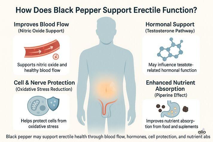How black pepper may support erectile function, illustrating blood flow improvement, nitric oxide support, hormonal function, antioxidant protection, and enhanced nutrient absorption.