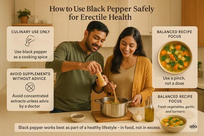 How to use black pepper safely for erectile health, showing culinary use in cooking, avoiding supplements, and preparing a healthy vegetable soup with black pepper.