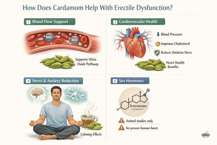 How cardamom may indirectly help erectile dysfunction by supporting blood flow through nitric oxide, improving cardiovascular health, reducing stress, and showing no proven testosterone boost in humans.