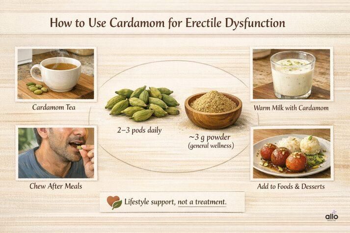 How to use cardamom for erectile dysfunction, showing cardamom tea, warm milk with elaichi, chewing pods after meals, and adding cardamom to foods as lifestyle support, not a treatment.