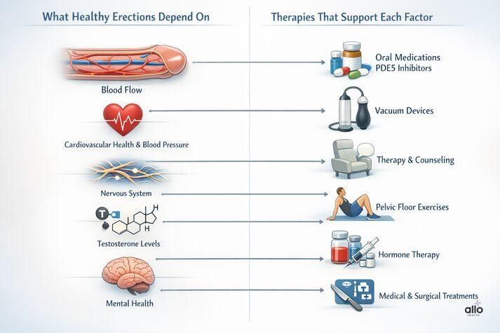 Medical illustration showing what healthy erections depend on, including blood flow, cardiovascular health, nervous system function, testosterone levels, and mental health, alongside corresponding erectile dysfunction therapies such as oral medications, vacuum devices, therapy and counseling, pelvic floor exercises, hormone therapy, and medical treatments.