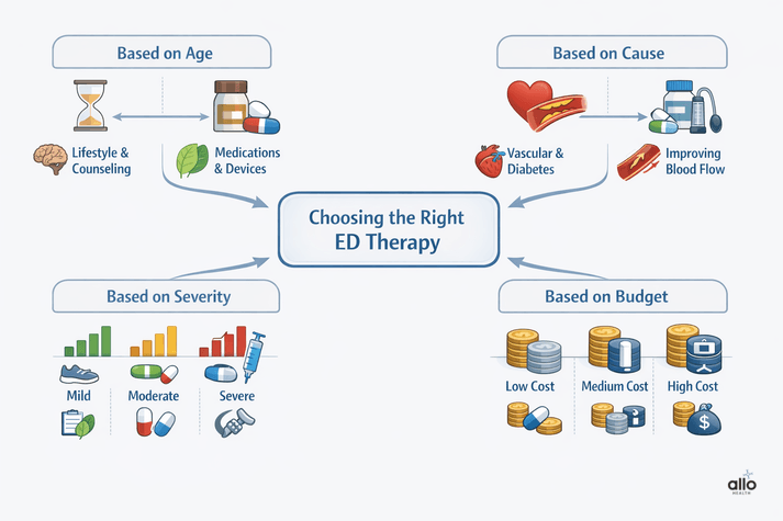 Decision-guide infographic showing how to choose the right erectile dysfunction therapy based on age, underlying cause, severity of erectile dysfunction, and budget, with visual pathways linking each factor to appropriate treatment options.