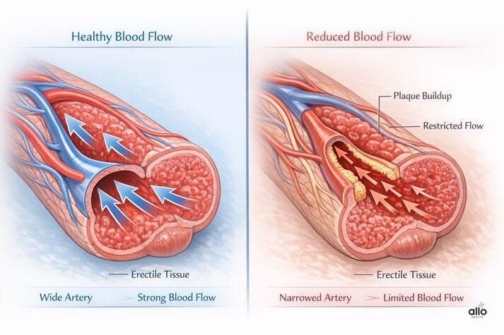 Comparison of healthy blood flow versus reduced blood flow in penile erectile tissue, showing how narrowed arteries can lead to erectile dysfunction.
