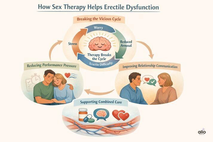 “Infographic showing how sex therapy helps erectile dysfunction by breaking the worry–stress–reduced arousal cycle, reducing performance pressure, improving relationship communication, and supporting combined care with therapy and medical treatment.”