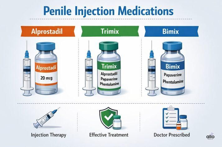 Medical infographic displaying commonly used penile injection medications such as Alprostadil, Trimix, and Bimix