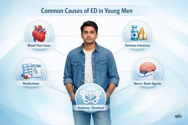 Common causes of ED in young men infographic with icons for blood flow problems, hormone imbalance, medications, nerve or brain signals, and anatomy or structure around a young Indian man