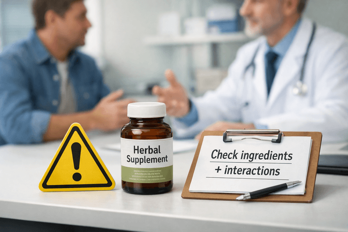 Doctor consultation scene showing a herbal supplement bottle with a warning sign and a note to check ingredients and drug interactions for erectile dysfunction remedies.